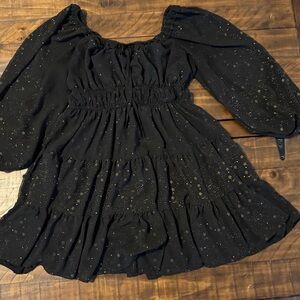 Blu Pepper Black Long Sleeve Star-Print Tiered Dress